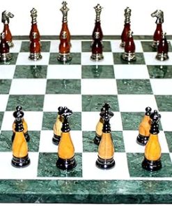 Green Marble Chess Board Set with Brass and Wooden Pieces 20 Inches 2
