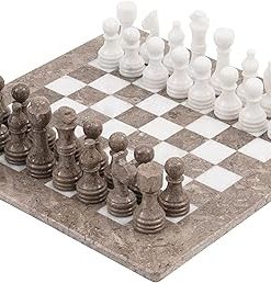 Handmade 15 Inch Grey and White Marble Chess Set for Adults 2 Players