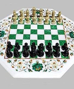 White Marble Chess Set with Malachite Inlay Flower Design for Dad
