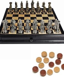 Unique Medieval Chess and Checkers Set with Pewter Pieces and Storage