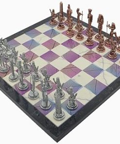 Antique Copper Metal Chess Set with Wooden Board and Handmade Pieces