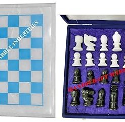 15 Inch White and Turquoise Chess Board with Coins and Piece Names