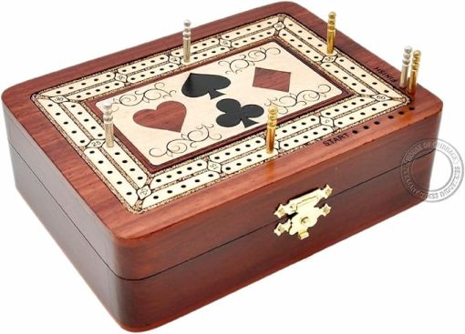 Wooden Cribbage Board Box in Bloodwood and Maple with Storage for Cards - Image 2