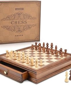 Magnetic Wooden Chess Set 12.8″ with Storage Drawers and Bonus Queens