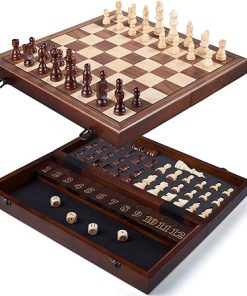 15” Wooden Chess Set with Shut The Box Game, Magnetic Chess Board-2 Extra Queens-Pieces Storage Slots, Wooden Board Table Math Game, 2-in-1 Folding Board Game Set for Kids, Adults,Beginner