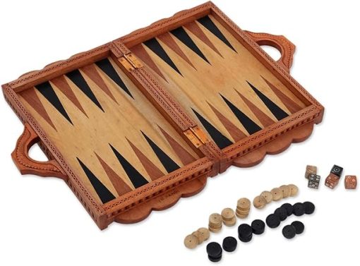 NOVICA Artisan Handmade Wood Backgammon Set Brown Indonesia Chess Sets Games [open 1.6in H x 18in W x 20in D Closed 10.25in H x 18in W x 3.2in D Pieces 0.7in H x 0.7in W x 0.7in D Handles 2.8in H x 6]