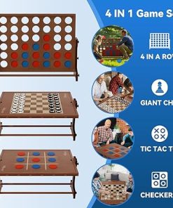 Giant Wooden 4 in a Row Game W/Quick Release Lever, 4 in 1 Wooden Game Set: Big Chess & Checkers, Tic Tac Toe, Connect 4 Game Outdoor Yard Games for Family Party Fun Lawn Games for Adults 2