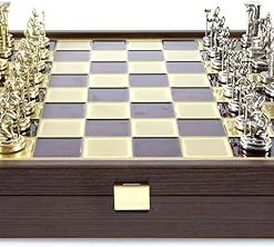 Minoan Brass Nickel Chess Set in a Wooden Case with Red Brass Board 2