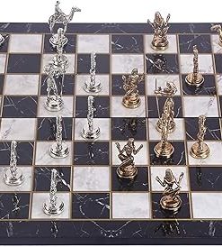 Handmade Metal Chess Set with Pharaoh Figures and Marble Design Board
