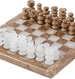 Handmade Onyx Marble Chess Set in Brown White 7.5 Inch from Mexico