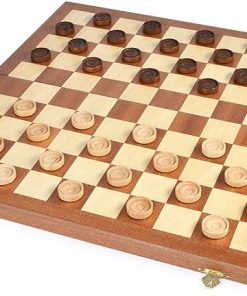 15 Inch Folding Wooden Checkers Game Set with Storage Slots for Kids