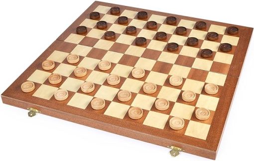 15 Inch Folding Wooden Checkers Game Set with Storage Slots for Kids