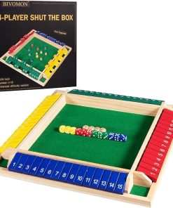 Upgraded 16.54” Shut The Box Dice Game 4 Player-Colorful Wooden Close The Box Game with 15 Numbers + 16 Dices- Tabletop Math Board Game Kids & Adults 2