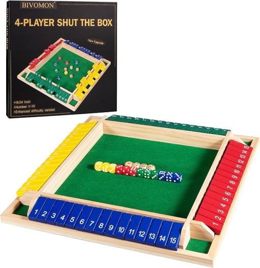 Upgraded 16.54'' Shut The Box Dice Game 4 Player-Colorful Wooden Close The Box Game with 15 Numbers + 16 Dices- Tabletop Math Board Game Kids & Adults - Image 2