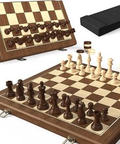 Natural Walnut 15 Inch Magnetic Wooden Chess Checkers Set 2 in 1 Game