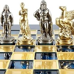Spartan Warriors Chess Set Brass and Nickel with Blue Chess Board