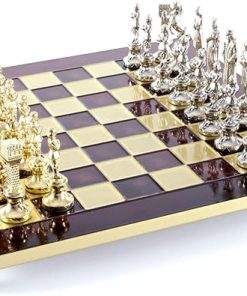 Renaissance Brass and Nickel Chess Set with Red Board for Two Players