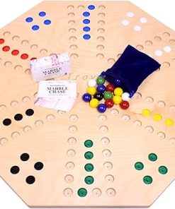 AmishToyBox.com Travel Marble Chase (Cards N’ Marbles) Wooden Board Game Set – Double-Sided 23″ Wide Board – Includes Carry Bag, Marbles and Playing Cards