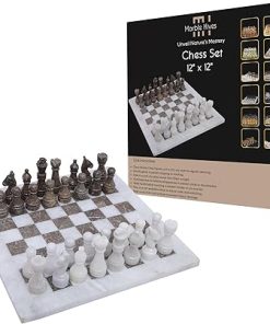 Handmade Marble Chess Set White and Oceanic Grey 12 Inches Premium Quality