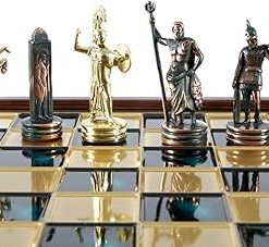 Greek Mythology Chess Set Brass and Green Wooden Case Green Board