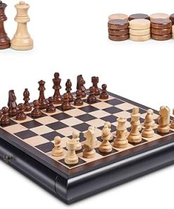 VAMSLOVE Wooden Chess Checkers Game Set 15.5″ with Storage Drawers