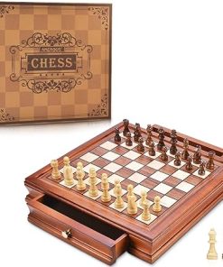 AMEROUS 12.8” Magnetic Wooden Chess Set / 2 Built-in Storage Drawers / 2 Extra Queen/Gift Package/Chess Rules/Classics Strategy Board Games Chess Sets for Kids and Adults