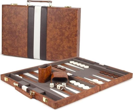 Classic 15 Inch Backgammon Set with Leather Case Portable Travel Game - Image 2