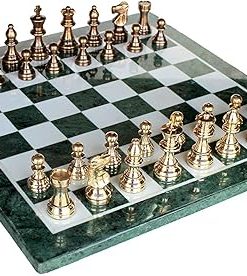 Collectible Green Marble Chess Board Set with Brass Pieces 15 Inches 2