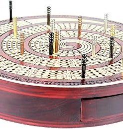 Spiral Cribbage Board Round Design 4 Tracks Bloodwood Maple Skunk Corners 2