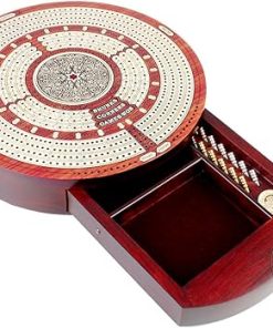 Round Cribbage Board with Push Drawer and Space for Skunks and Corners
