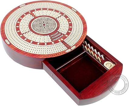 Round Cribbage Board with Push Drawer and Space for Skunks and Corners Round Cribbage Board with Push Drawer and Space for Skunks and Corners