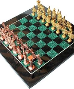 Black Marble Malachite Chess Board Set with Brass Roman Pieces 15 Inches 2