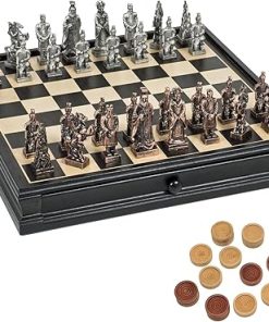Luxury Wooden Chess Set with Pewter Pieces and Storage Drawers 15 in.