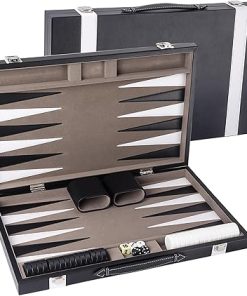GSE Premium Leather Backgammon Set Classic Travel Game Black Grey Medium