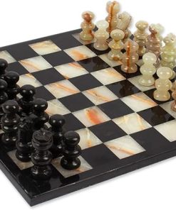 NOVICA Hand Crafted Marble Stone Black and Green Chess Set, ‘Verdant Challenge’