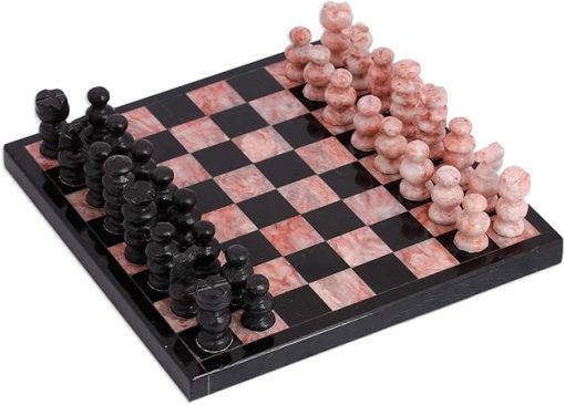NOVICA Small Black and Pink Marble Chess Set 7.5 Inch Challenge