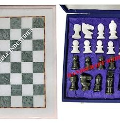 New Year Valentine’s Gift GIFT “The Queen’s Gambit” White Marble Chess Board with pieces 9 Inch Inlaid with Green Marble Blocks Chess Game, Corner Table, Side Table, Chess Lovers