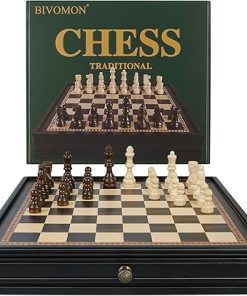 12.5 Inch Wooden Chess Set with Magnetic Pieces and Storage Drawers 2