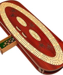 Oval 4 Track Wooden Cribbage Board Set for 4 Players with Storage