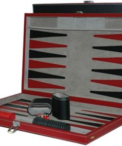 18 Inch Faux Leather Backgammon Game Set in Black and Red