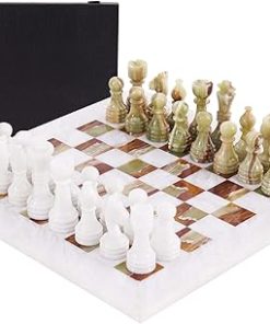 15 Inch Marble Chess Set Green and White Handmade for Adults with Storage