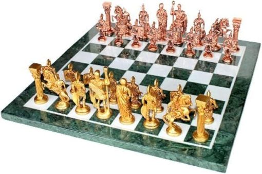 Green Marble Chess Board Set with Brass Chess Pieces Decorative Home Décor