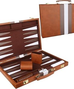 Classic Backgammon Set with Leather Case – Portable Travel Game 15 inch Brown