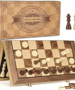 AMEROUS 15” Magnetic Wooden Chess & Checkers Game Set -2 Extra Queens -24 Cherkers Pieces – Chessmen Storage Slots, Beginner Chess Set for Kids and Adults, Classic 2 in 1 Board Games