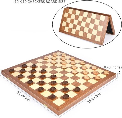 15 Inch Folding Wooden Checkers Game Set with Storage Slots for Kids - Image 2