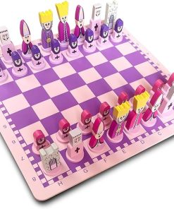Colorful Cartoon Pink Chess Set with 11.8-Inch Wooden Board for Kids