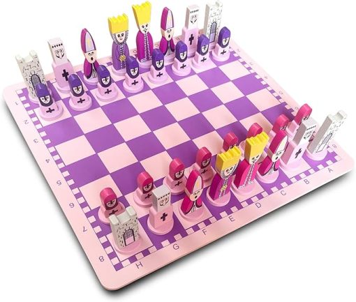 Colorful Cartoon Pink Chess Set with 11.8-Inch Wooden Board for Kids