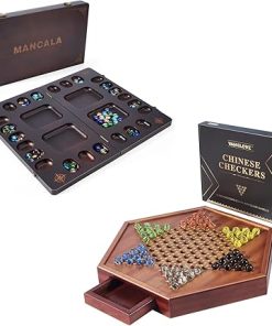 VAMSLOVE 15 Inch Chinese Checkers Wooden Game Board with Glass Marbles