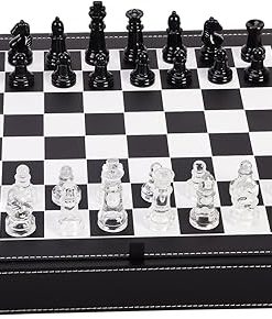 Glass Chess Set with Extra Queens and 13.2 Inch Leather Storage Box