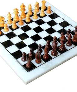 White Natural Stone and Black Marble Chess Board with Wooden Pieces 12 Inches